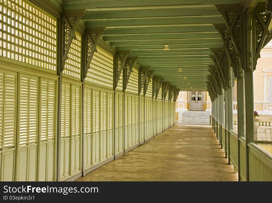 Terrace on old house with wooden sun blind