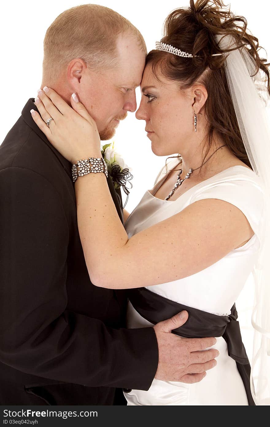 A bride and groom with their heads together looking into each others eyes. A bride and groom with their heads together looking into each others eyes.