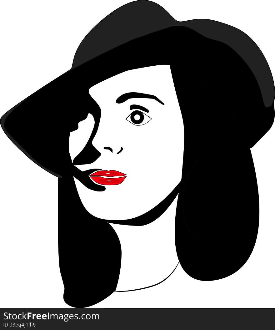 A silhouette of a women in her hat with red lipstick. A silhouette of a women in her hat with red lipstick