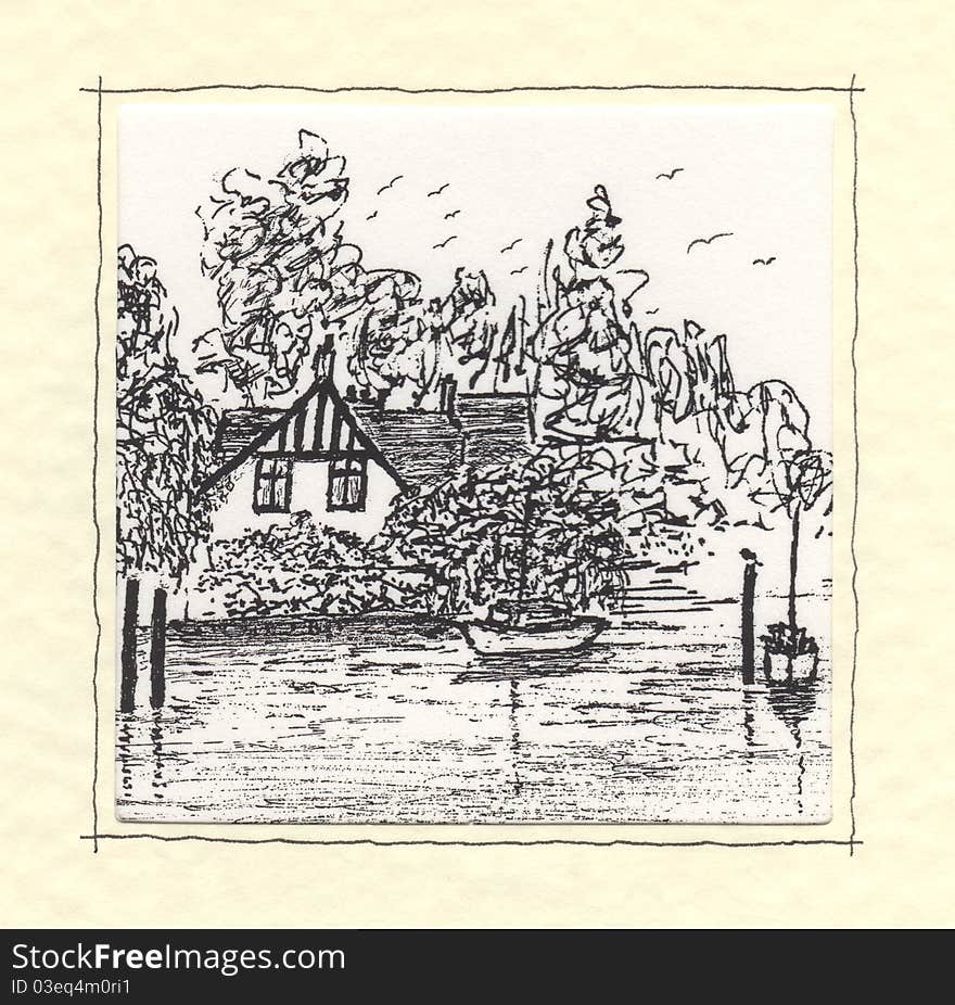 A simple illustration of a riverside country cottage in the spring time. A simple illustration of a riverside country cottage in the spring time.