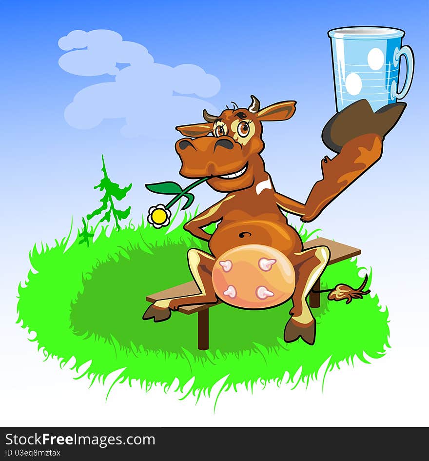 funny cown the meadow with a cup of milk