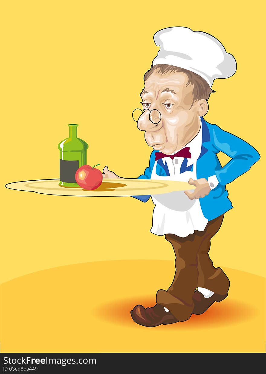 Chef brings food on a tray-cartoon. Chef brings food on a tray-cartoon