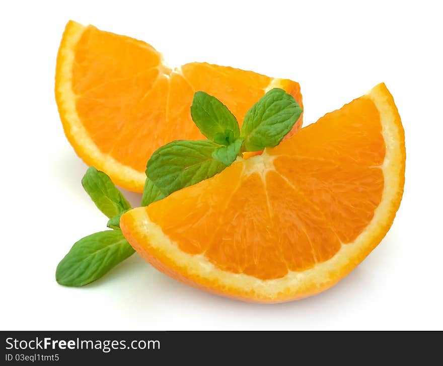 Segments of an orange with mint on a white background