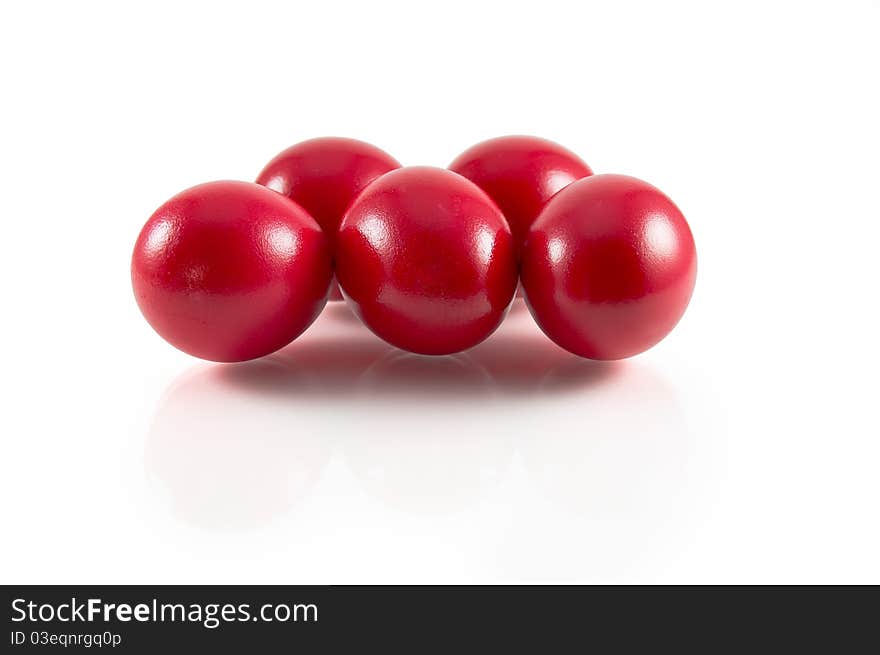 Five easter red eggs in white background. Five easter red eggs in white background