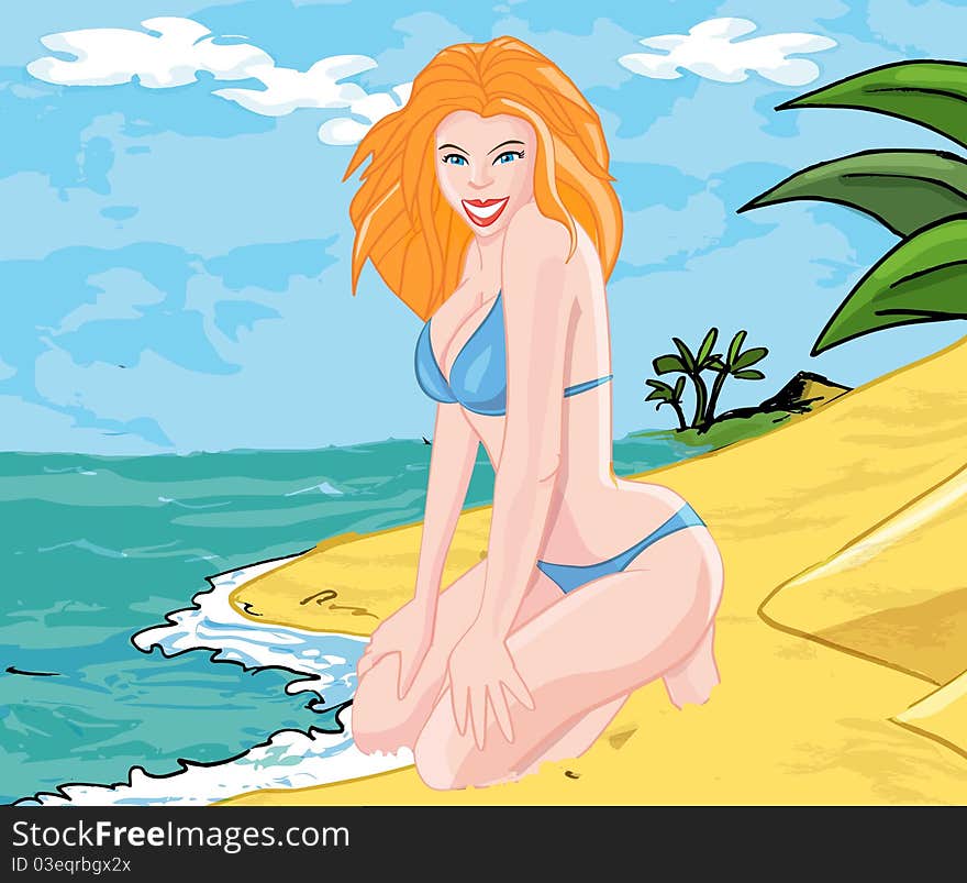 Cartoon of a blonde woman on the beach. She wears a blue bikini