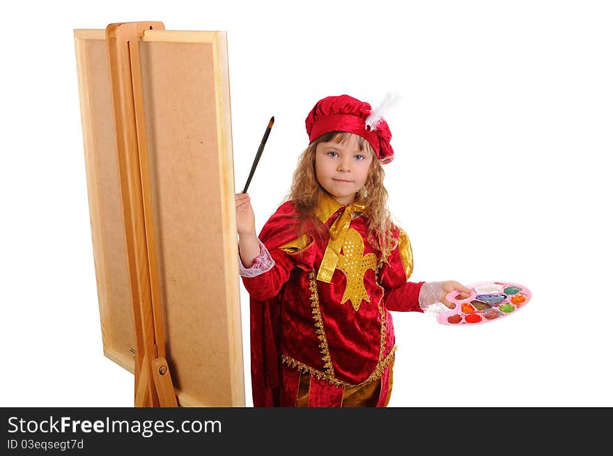 Little girl in a red historical suit with a brush and paints near an easel. Isolated on white. Little girl in a red historical suit with a brush and paints near an easel. Isolated on white