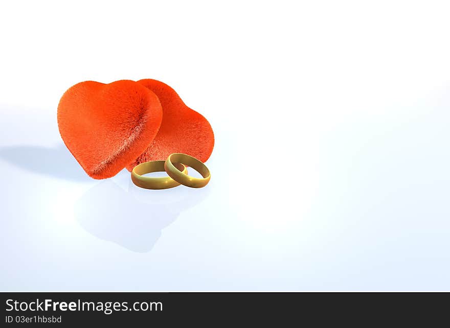 Hearts with wedding rings on a neutral background