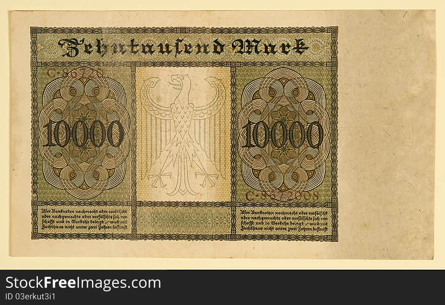 Front or obverse side of obsolete 1922 German Y 10,000 Reichsbanknote dated January 19, 1922 showing German coat of arms. Also, known as the “Vampire Note”. Front or obverse side of obsolete 1922 German Y 10,000 Reichsbanknote dated January 19, 1922 showing German coat of arms. Also, known as the “Vampire Note”.