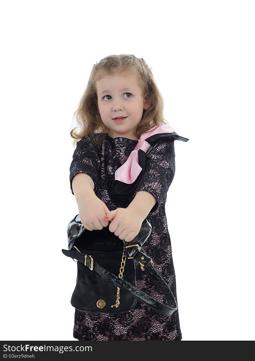 Pretty little child girl with empty bag