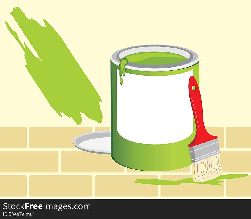 Jar with a paint and brush on the background of brick wall. Illustration