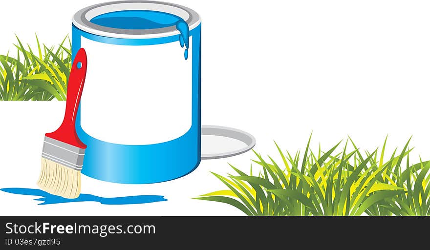 Jar with a paintbrush among grass. Illustration