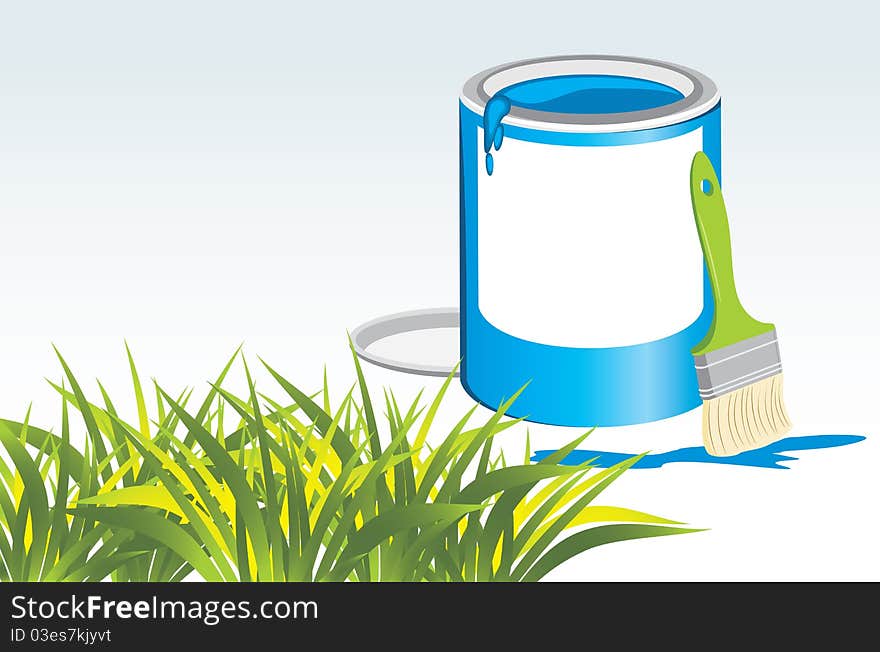 Jar with a paintbrush and grass. Illustration