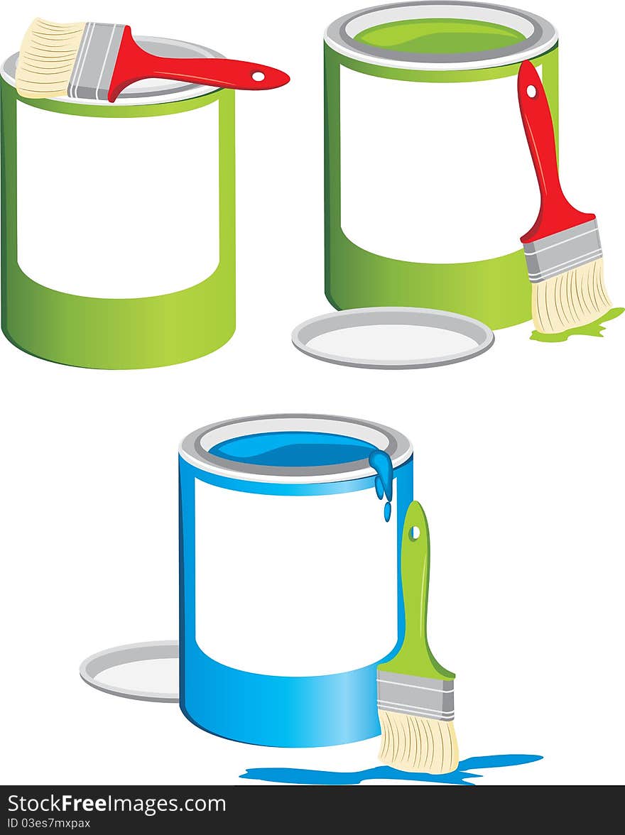 Jars with a paint and brushes. Illustration