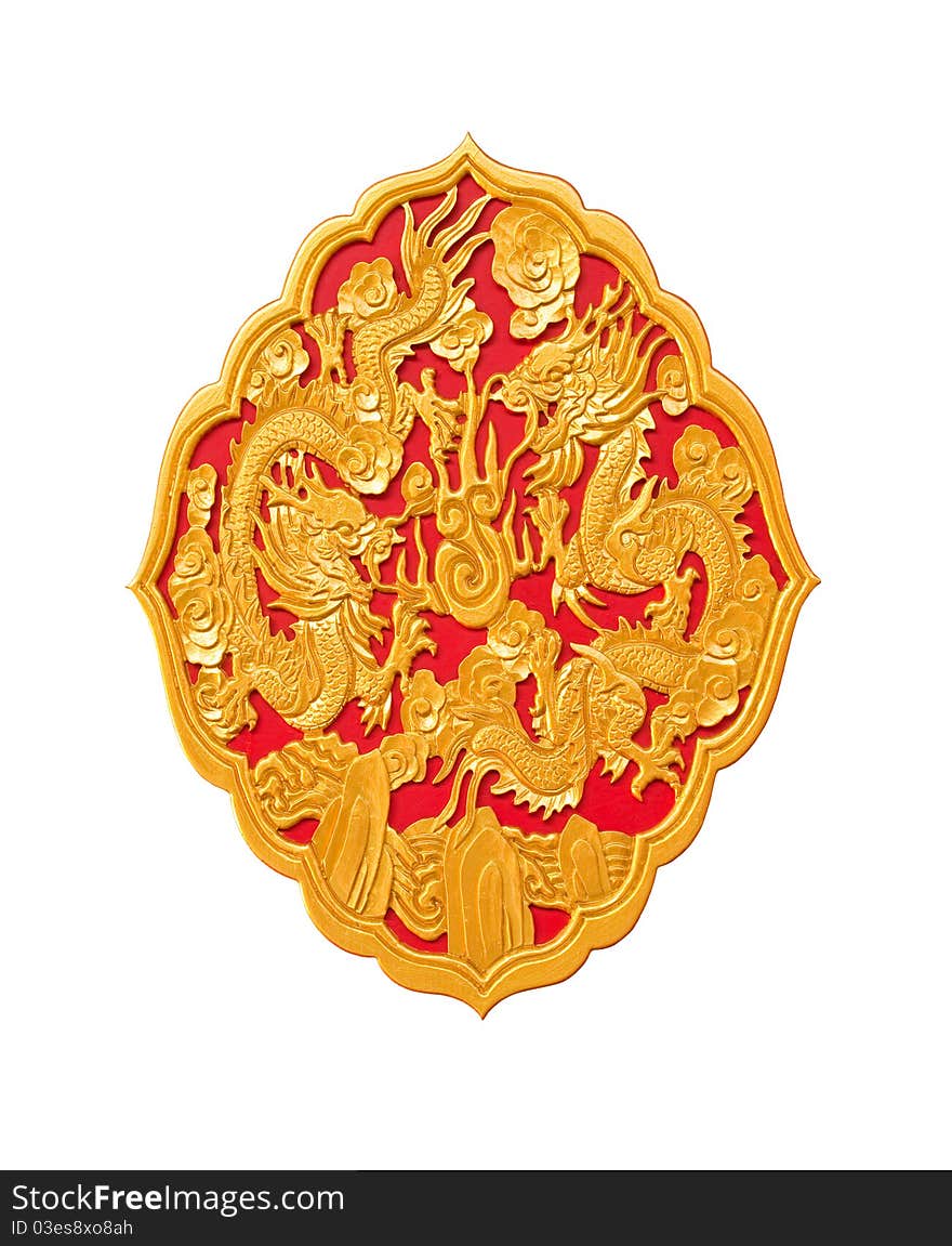 Golden dragon decorated on red wood in chinese temple,Isolate on white background