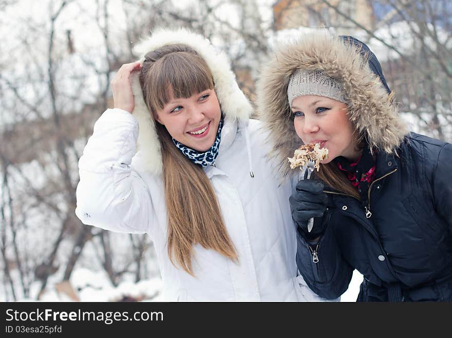 Two girls on winter picnic