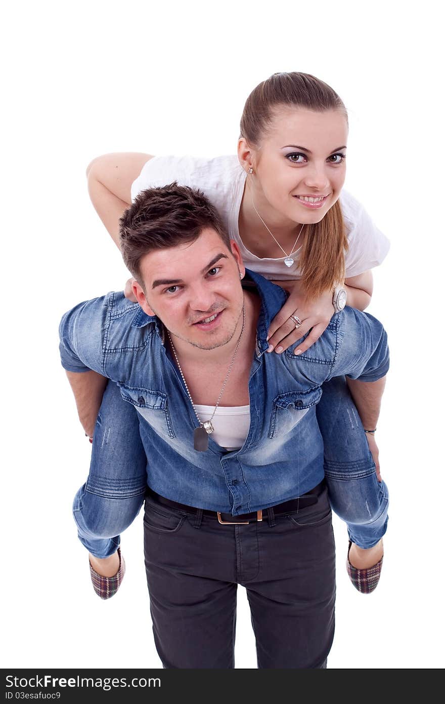 Couple having fun over a white background