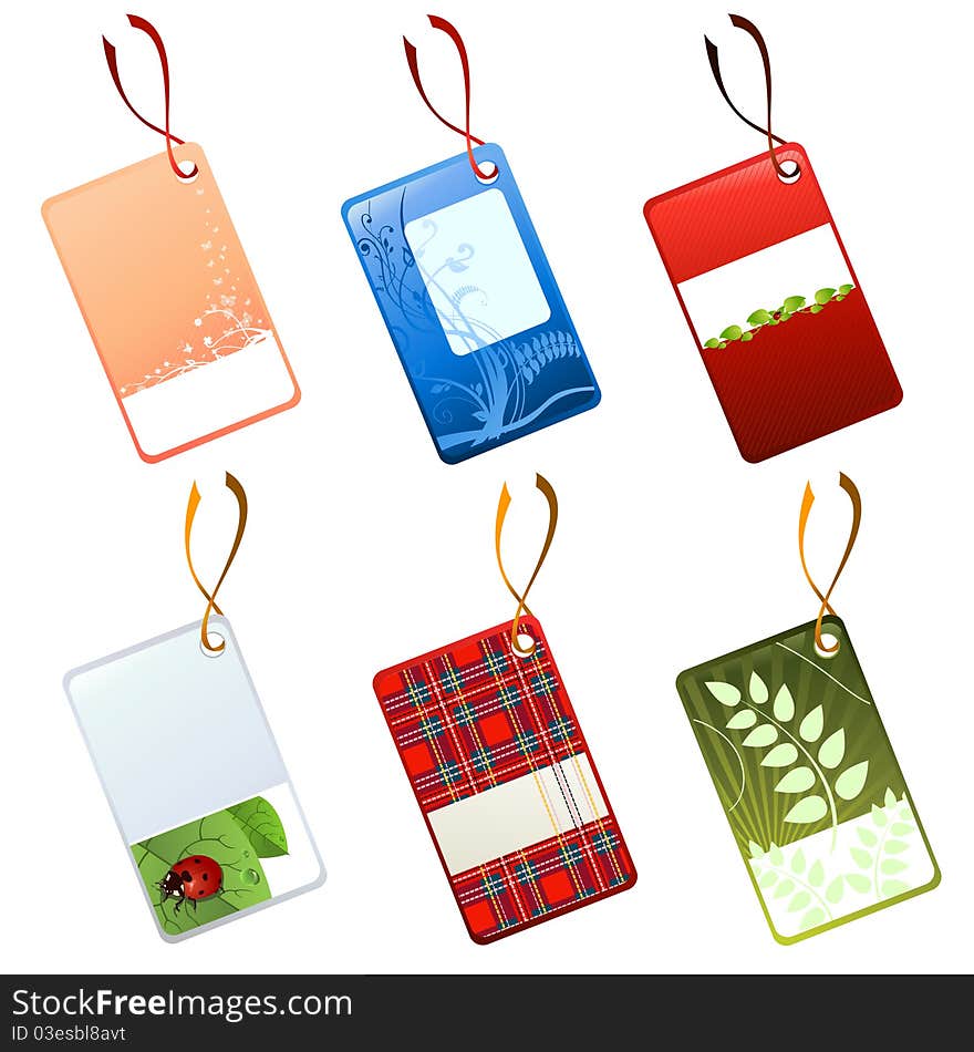 Vector illustration of different tags, decorated with flowers, leaves and other patterns. Vector illustration of different tags, decorated with flowers, leaves and other patterns.