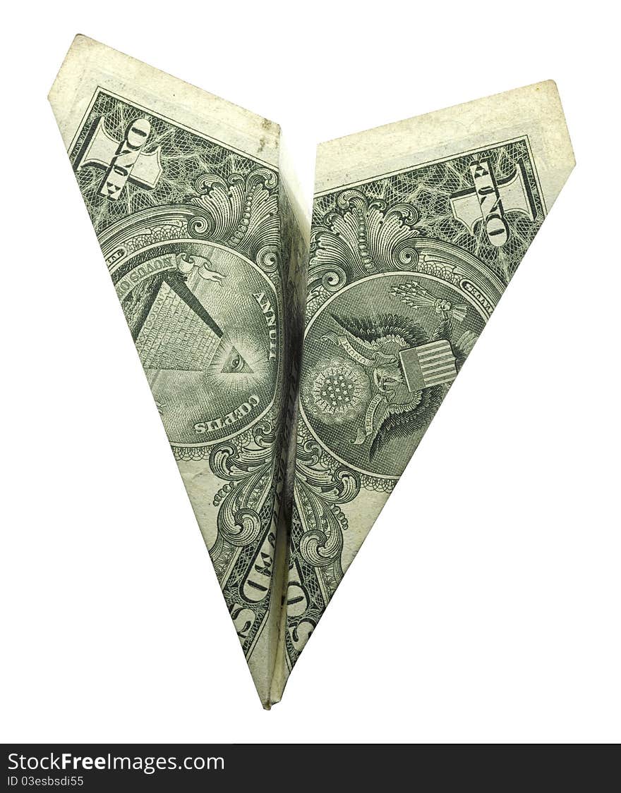 Dollar paper plane on white background