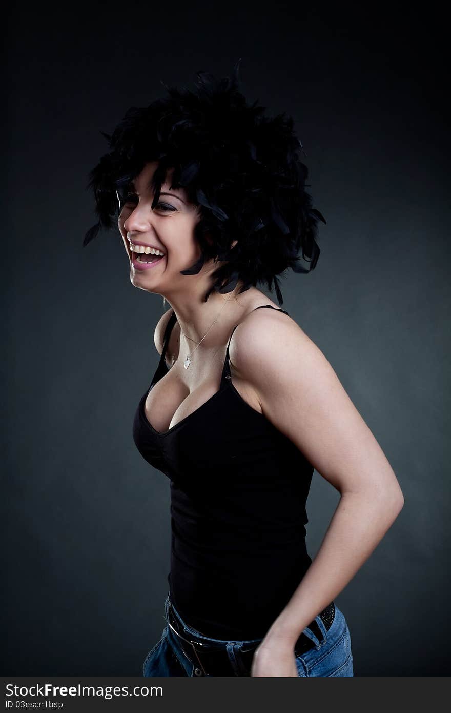 Smiling Woman Wearing A Black Wig