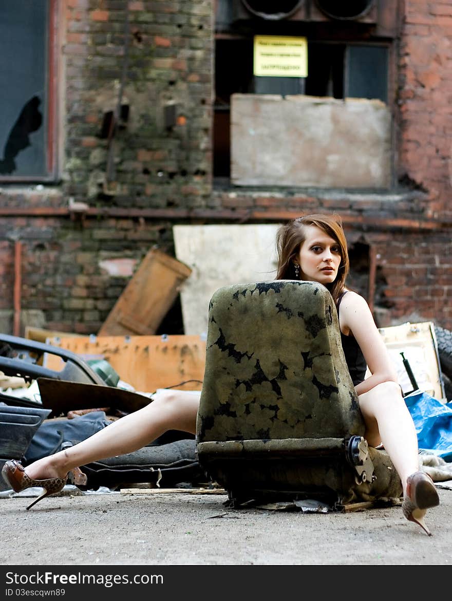 The girl in the ruins of the destroyed factory in Russia. The girl in the ruins of the destroyed factory in Russia