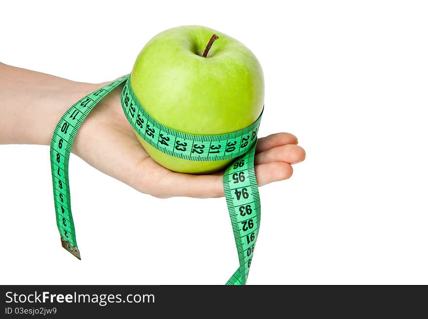 Woman's hand with green apple and tape measure isolated on white