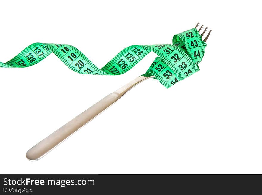 Measuring tape on a fork isolated on white