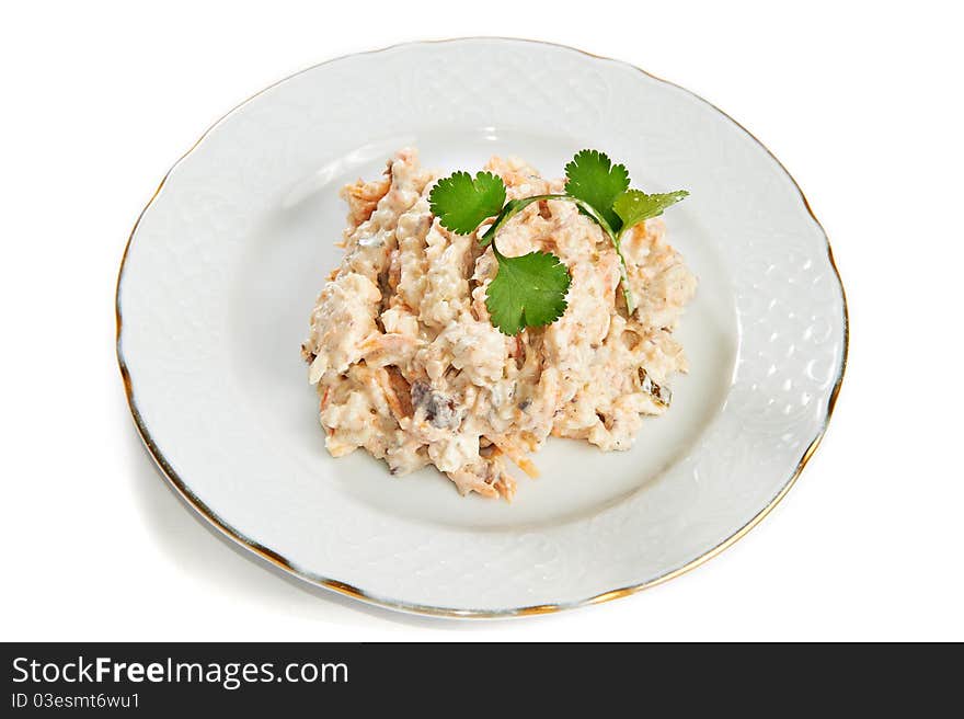 Salad With Tuna And Eggs, Carrots, Onions Isolated