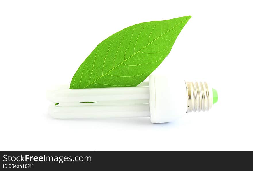 Energy saving lamp with green leaf on white