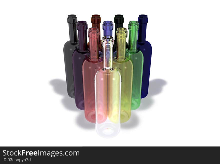 Many bottles of different colors isolated on white background arranged in triangle shape