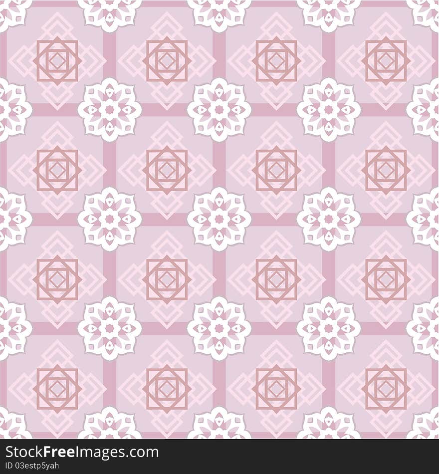 Geometric seamless ornament with decorative rosettes in pink