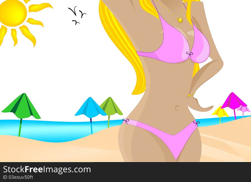 Illustration with pretty girl in a bikini