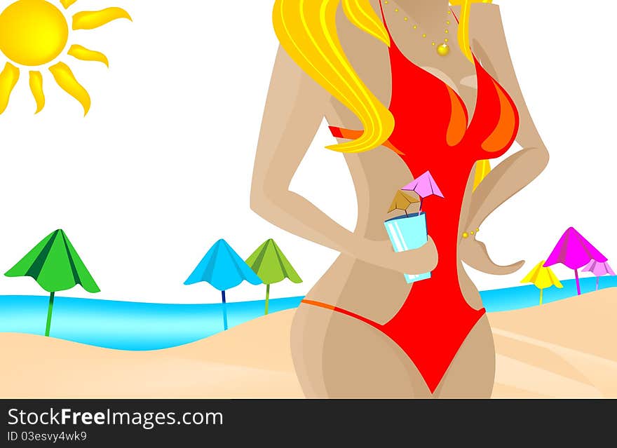 Illustration with pretty girl in a bikini