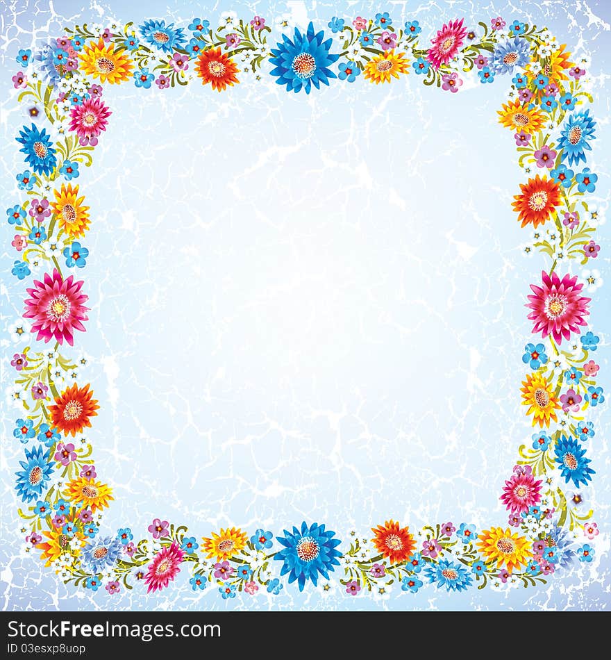 Abstract grunge ornament with flowers on cracked blue background