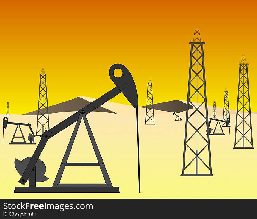 Vector Illustration of an Oil Field in the Desert at Sunset. Vector Illustration of an Oil Field in the Desert at Sunset