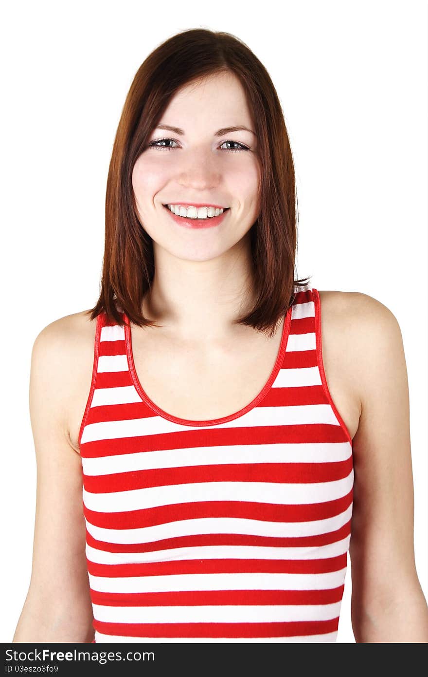 Young woman in bright shirt smiling, isolated