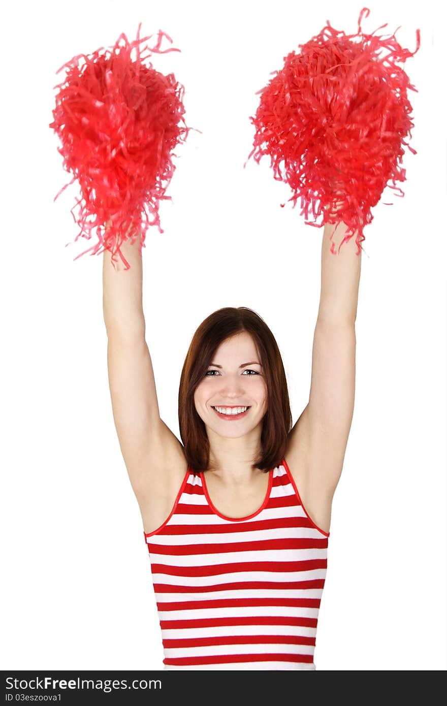 Beauty cheerleader girl in red shaking pompoms over her head, isolated. Beauty cheerleader girl in red shaking pompoms over her head, isolated