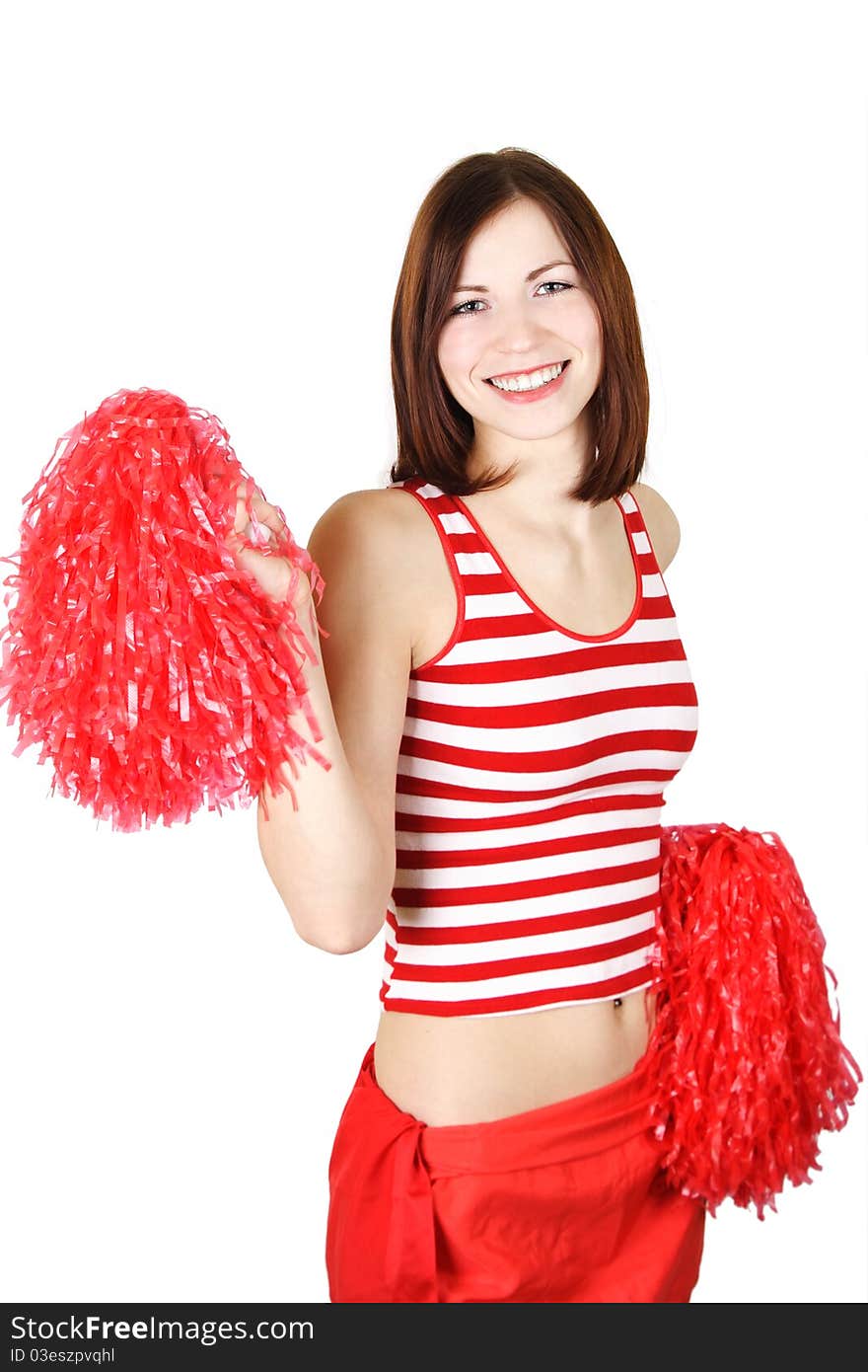 Cheerleader girl holding pompoms and smiling