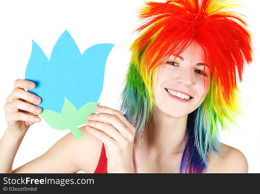 Beauty Woman In Multicolored Wig With Paper Flower