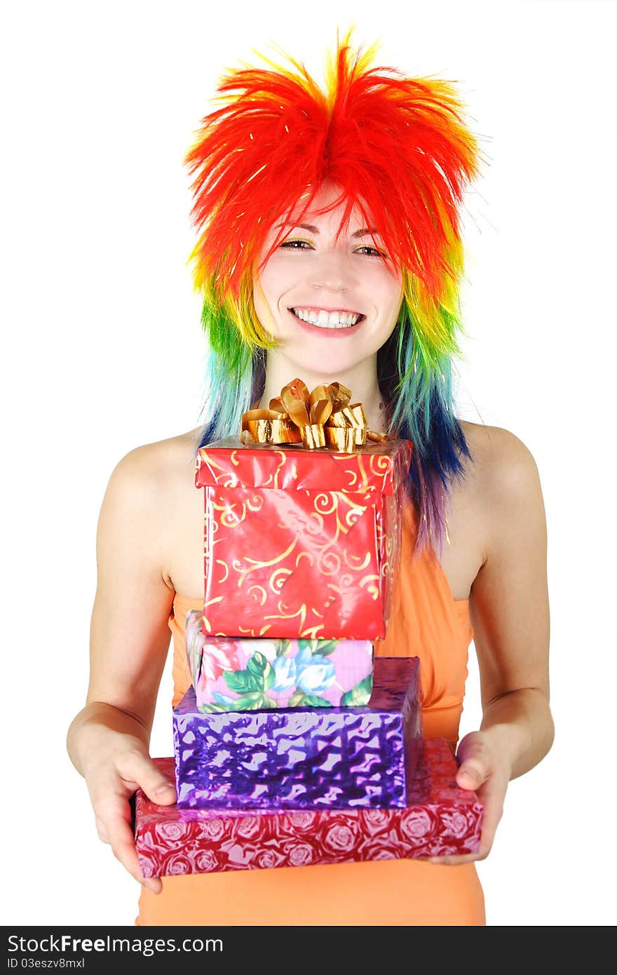 Woman in multicolored wig with many gifts