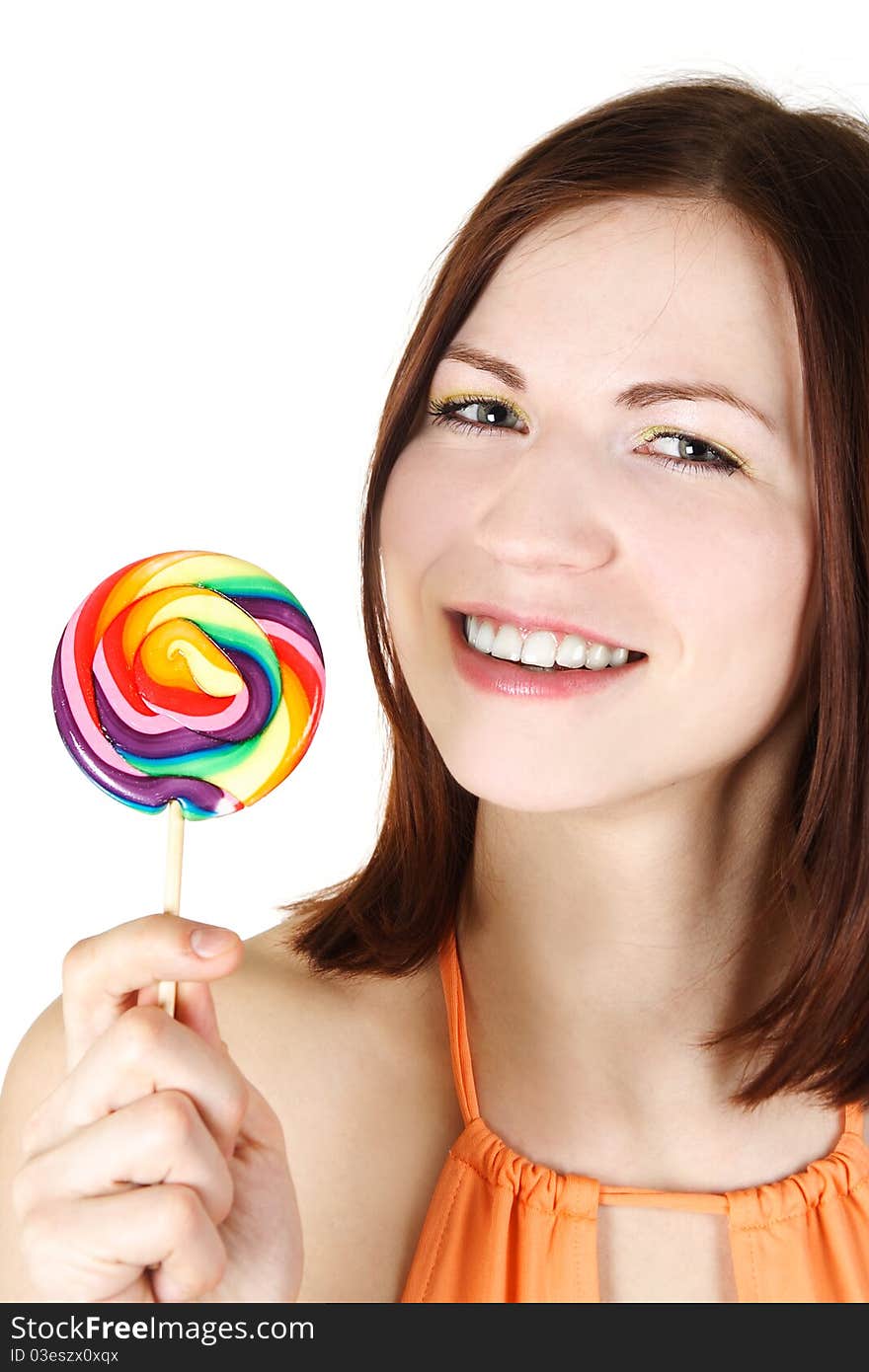 Young Brunette Girl Holding Big Lollipop