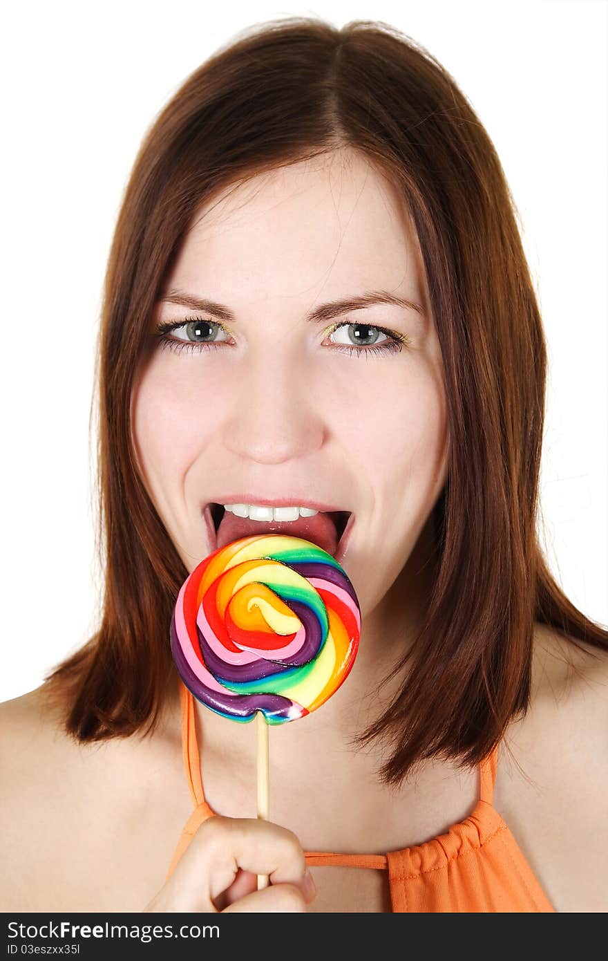 Young Brunette Girl  Licking Big Lollipop