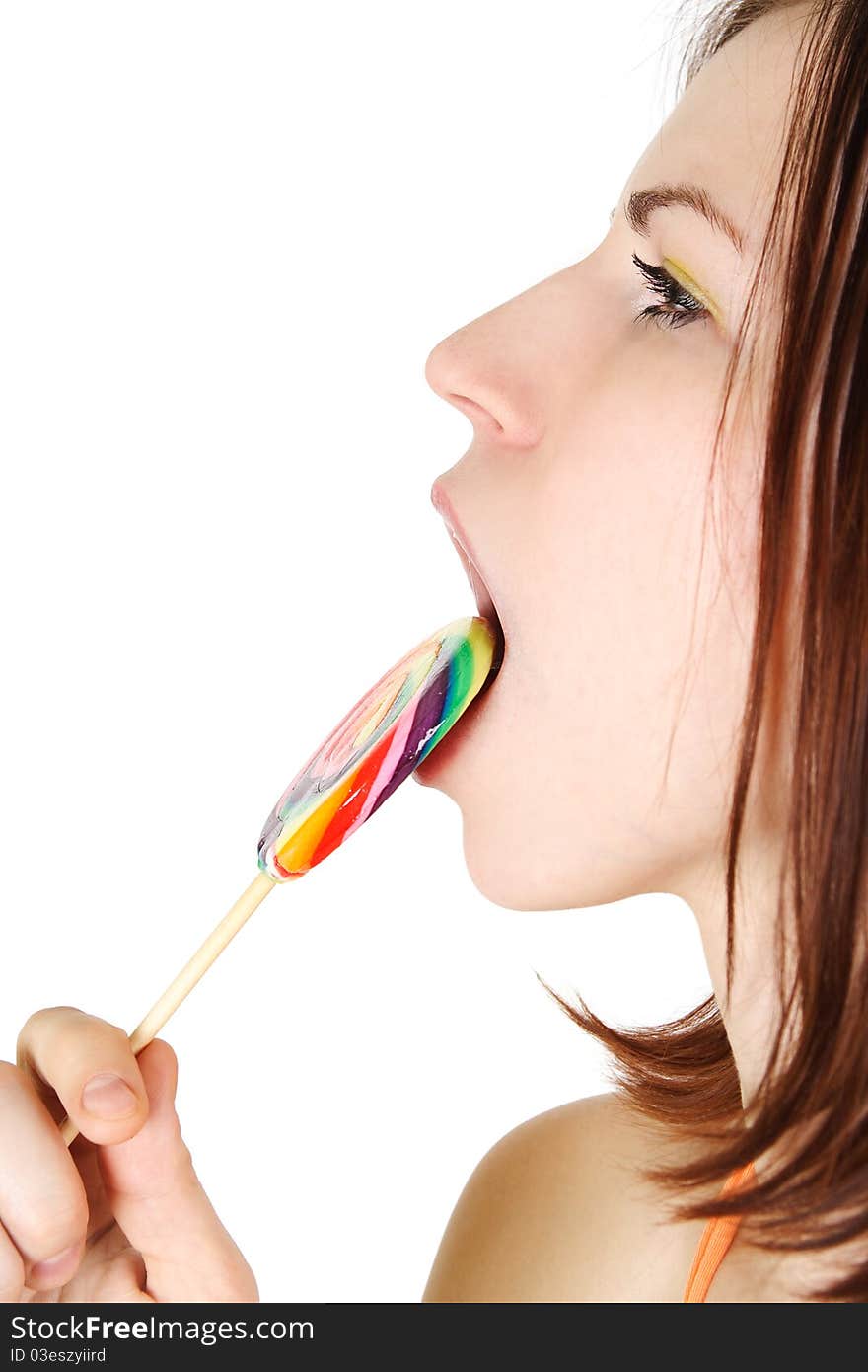 Young Brunette Girl  Licking Big Lollipop