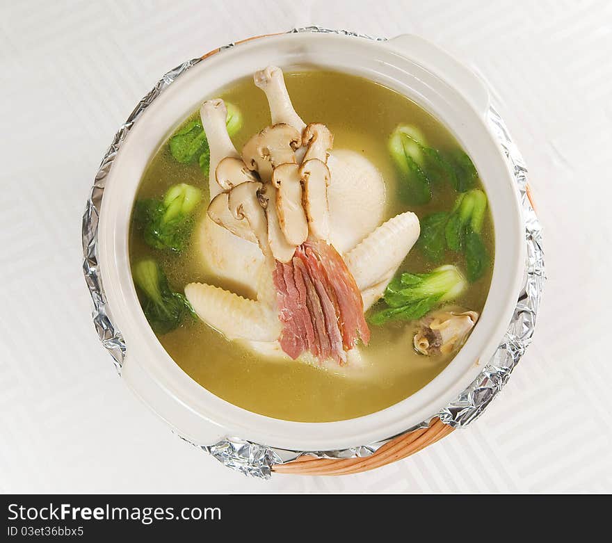 A chinese chicken on a white table