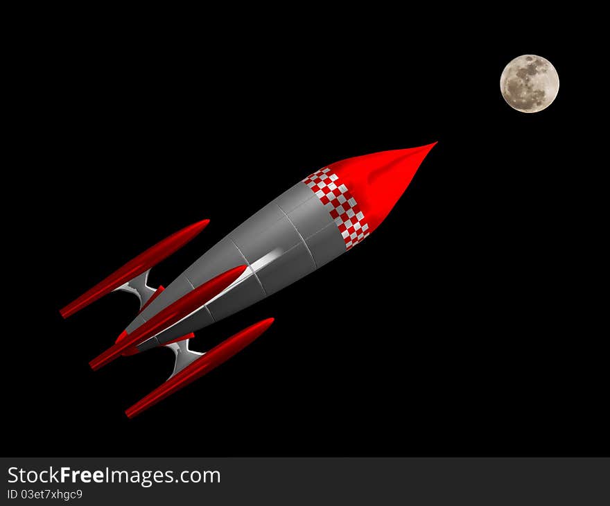 Red and white 3d rocketflying to the moon