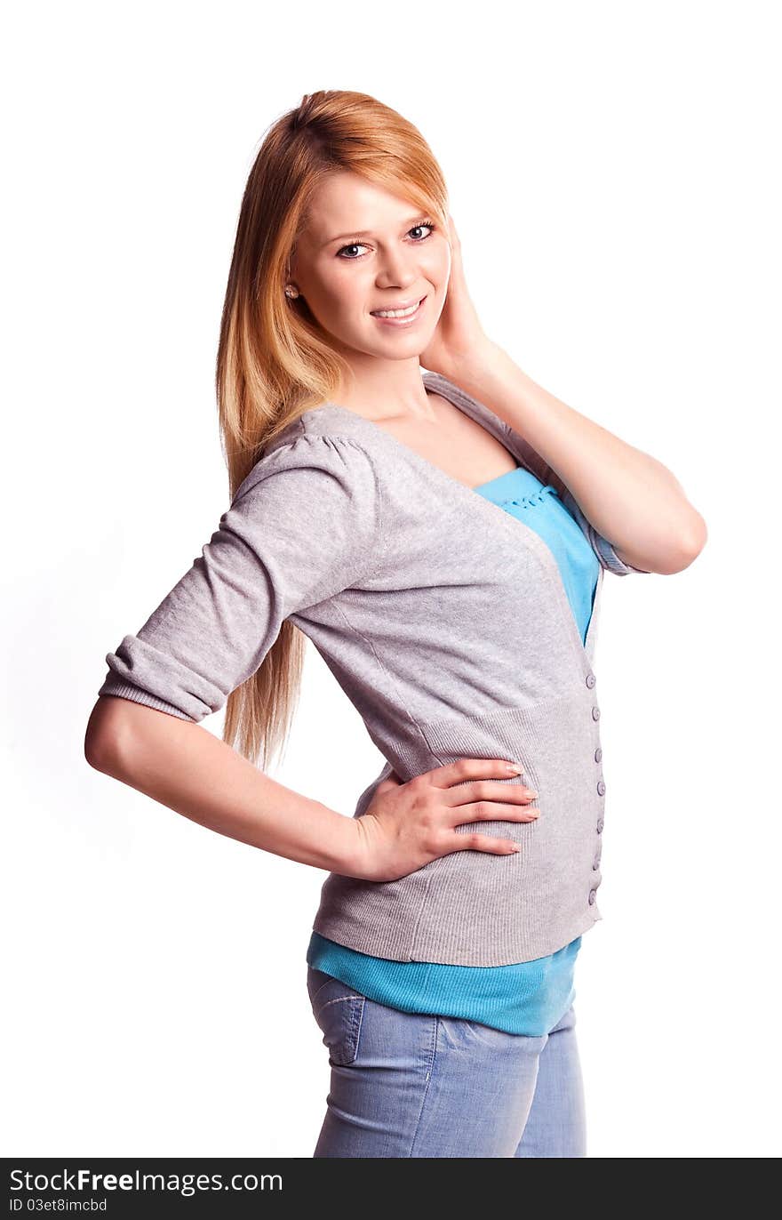 Beautiful  young  blond woman  against white background