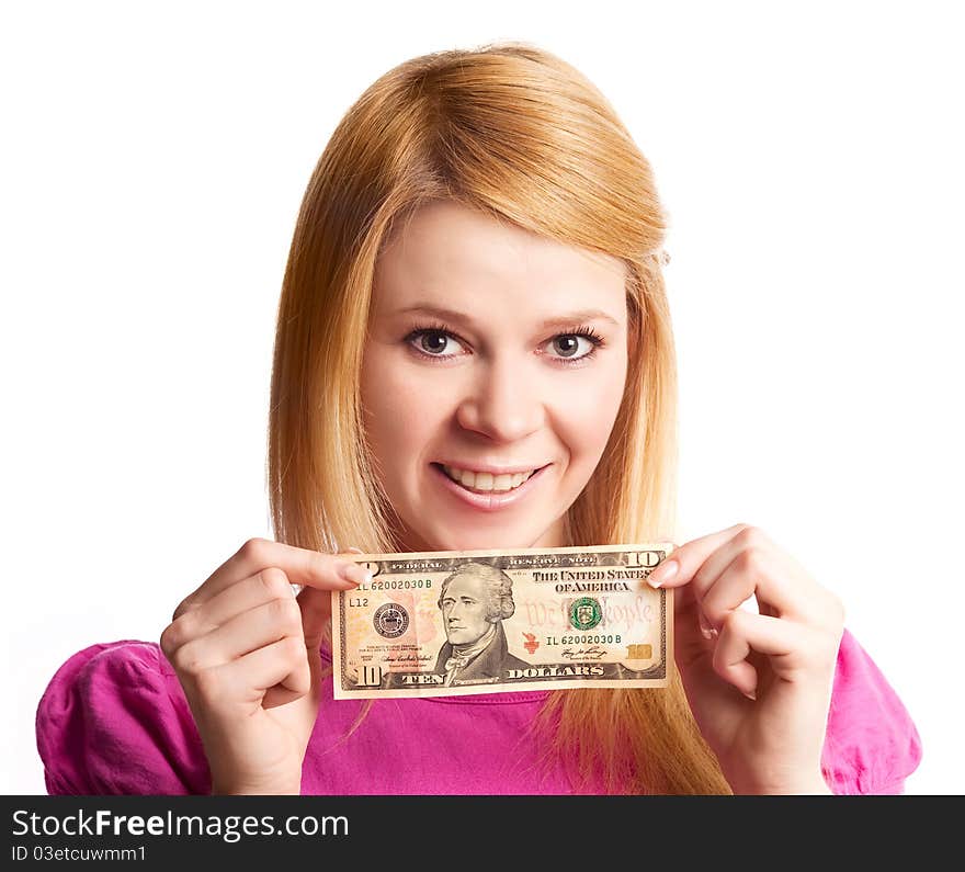 Blond girl with a ten dollars banknote, isolated against white background. Blond girl with a ten dollars banknote, isolated against white background