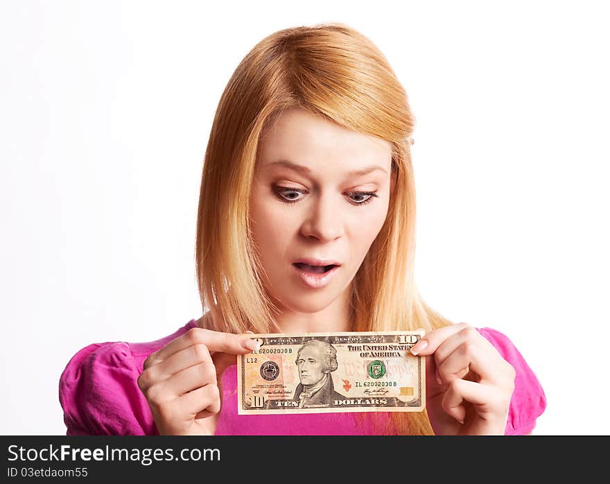 Blond girl woman with a ten dollars banknote, isolated against white background. Blond girl woman with a ten dollars banknote, isolated against white background