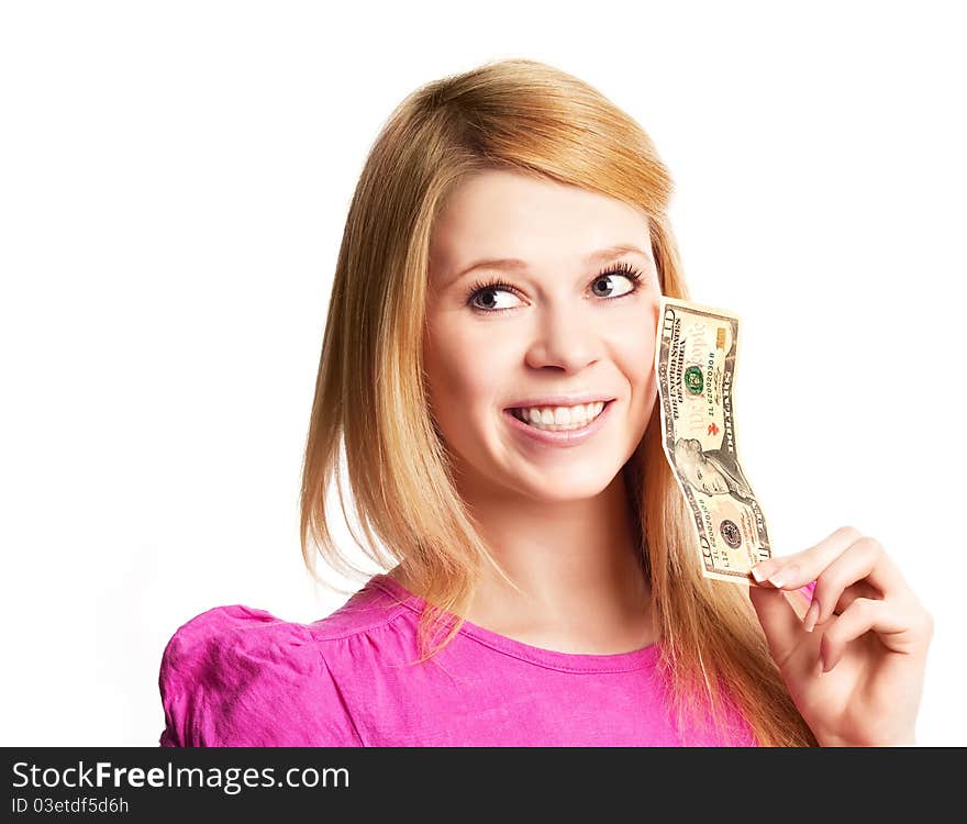 Blond girl with a ten dollars banknote, isolated against white background. Blond girl with a ten dollars banknote, isolated against white background