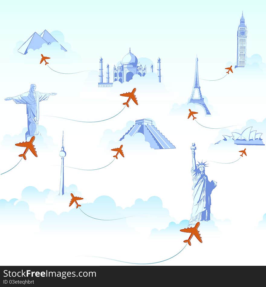 Illustration of different monuments on cloud with airplane flying showing travel destination