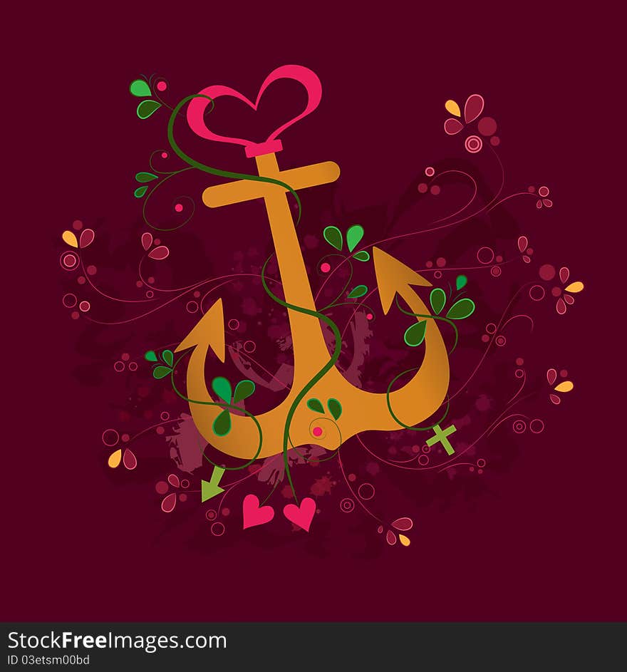 Abstract illustration of a anchor with heart on top, male and female symbols and floral surrounding. Love concept. Abstract illustration of a anchor with heart on top, male and female symbols and floral surrounding. Love concept.